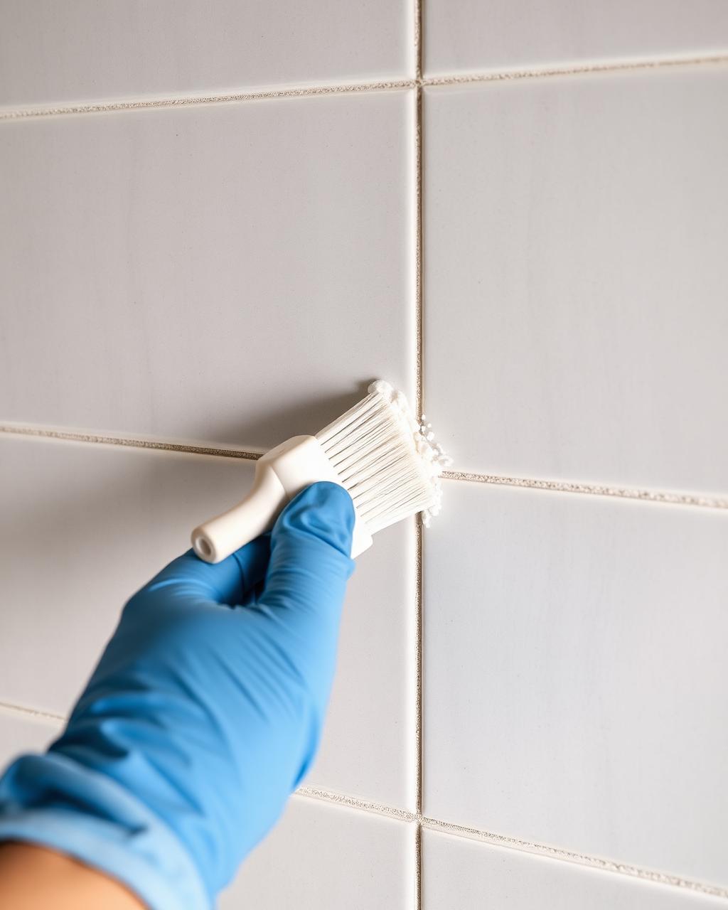 Detailed grout scrubbing on bathroom wall tiles