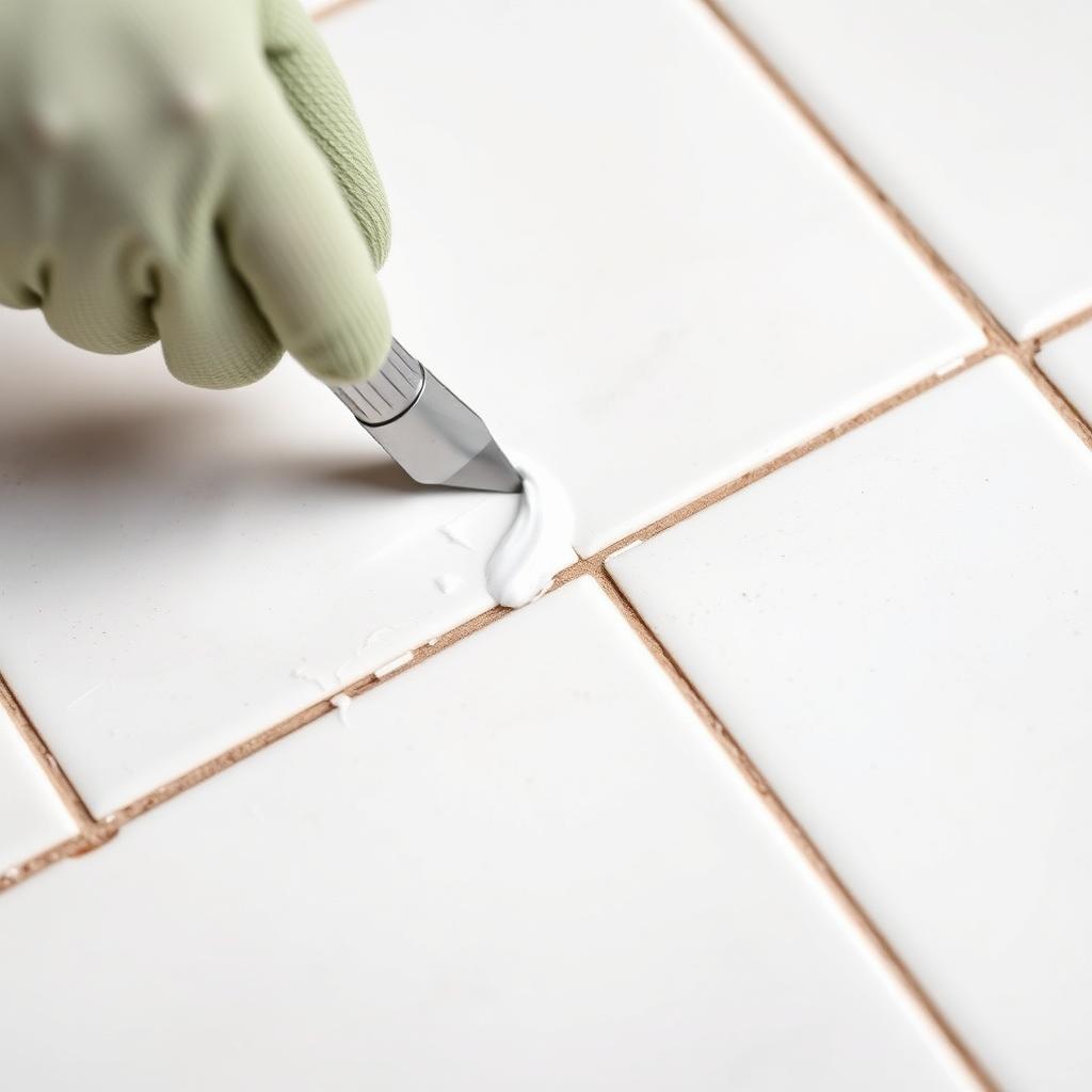 Grout being renewed between white ceramic floor tiles