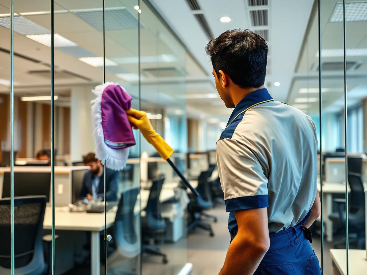 Professional cleaner wiping glass partitions in a Hyderabad office