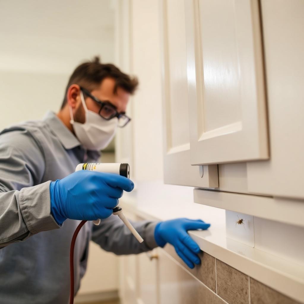 Pest control technician applying targeted gel treatment along kitchen cabinets