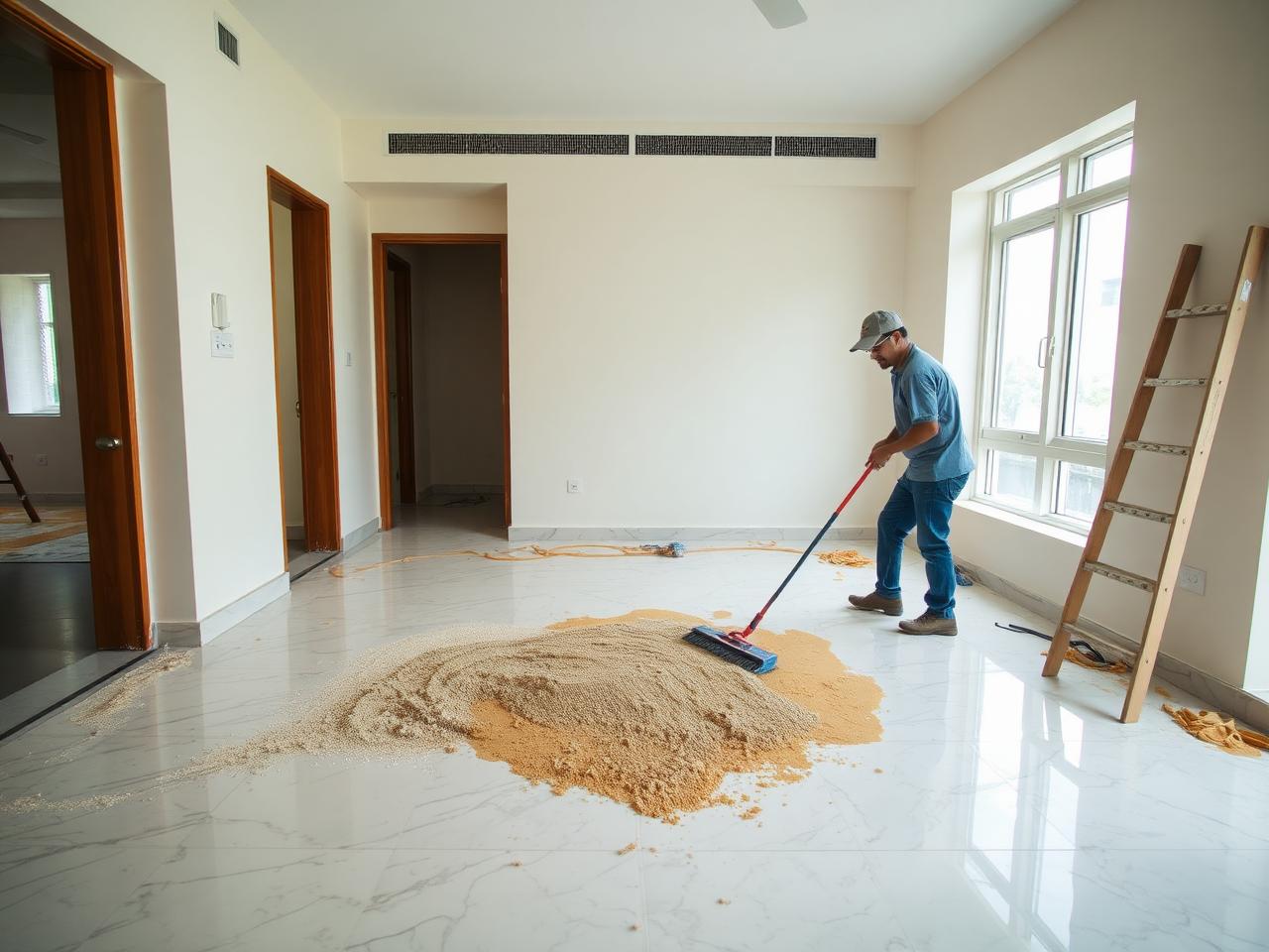 Construction dust being swept from new marble flooring