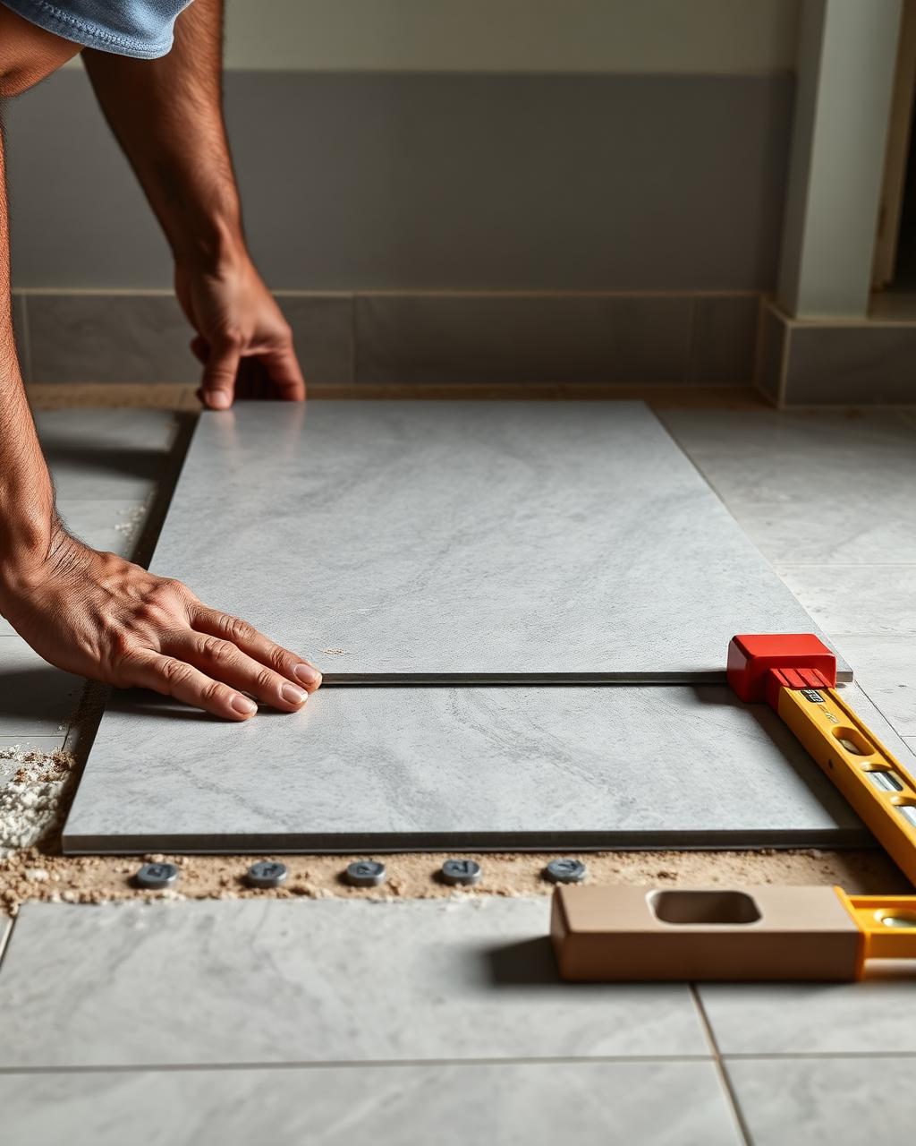 Careful placement of a large vitrified floor tile during installation